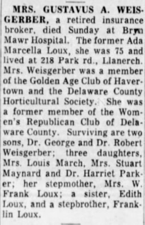 Ada Weisgerber dies